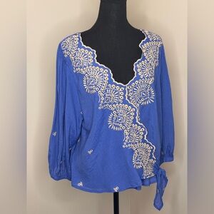 Fig and Flower Large  Royal Blue Embroidered Blouse Cottagecore Vacation style